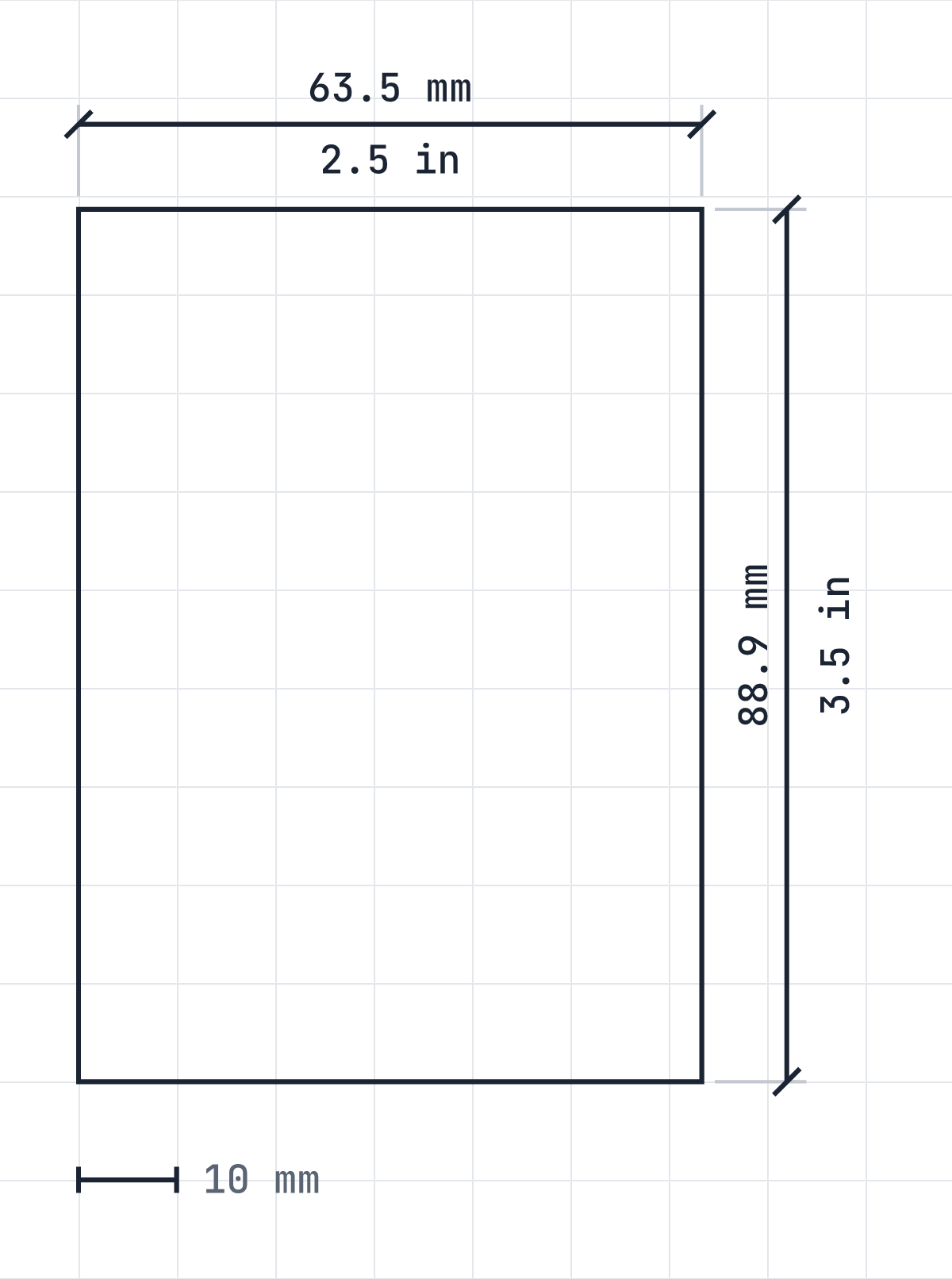 ATC size diagram: 63.5 by 88.9 mm, 2.5 by 3.5 inches, drawn to scale.