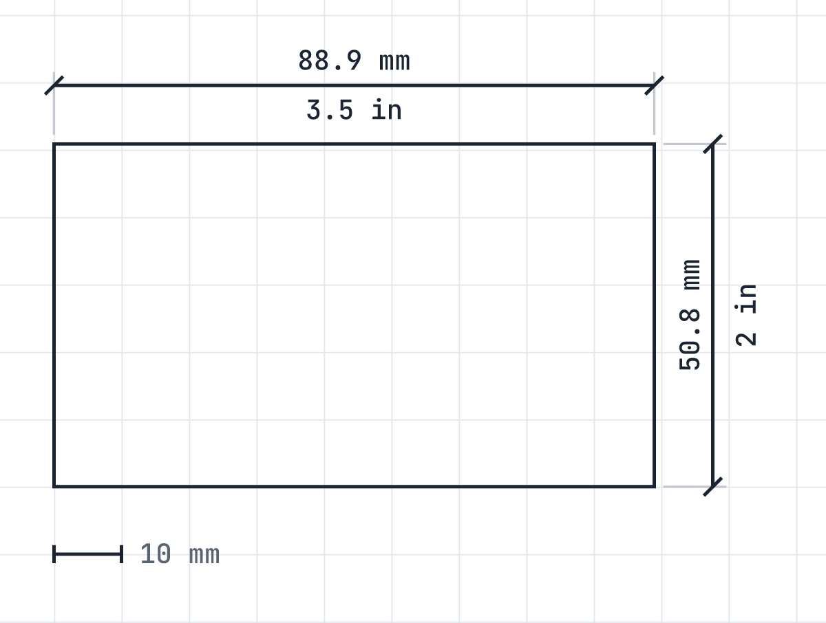 Business card size diagram: 88.9 by 50.8 mm, 3.5 by 2 inches, drawn to scale.