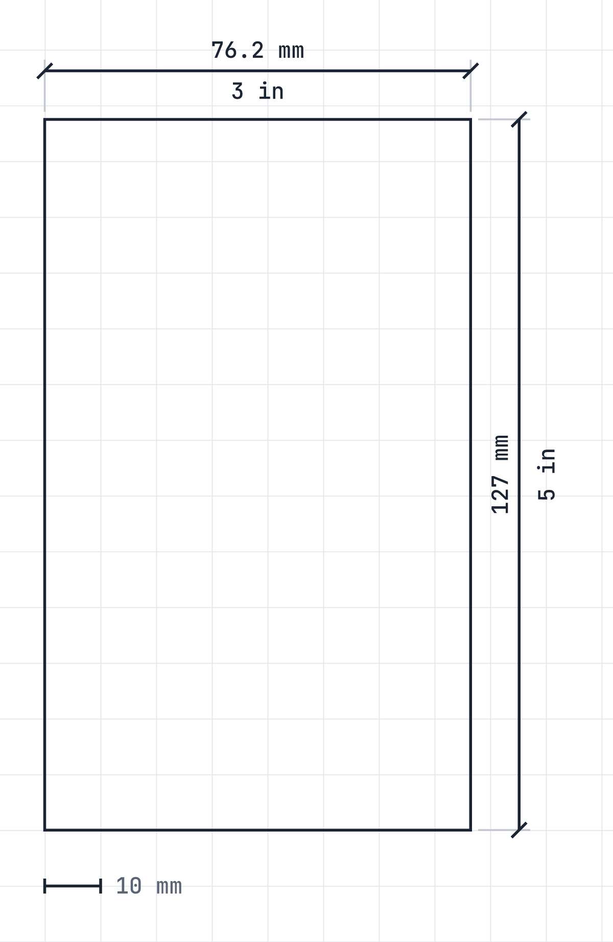 Index card size diagram: 76.2 by 127 mm, 3 by 5 inches, drawn to scale.