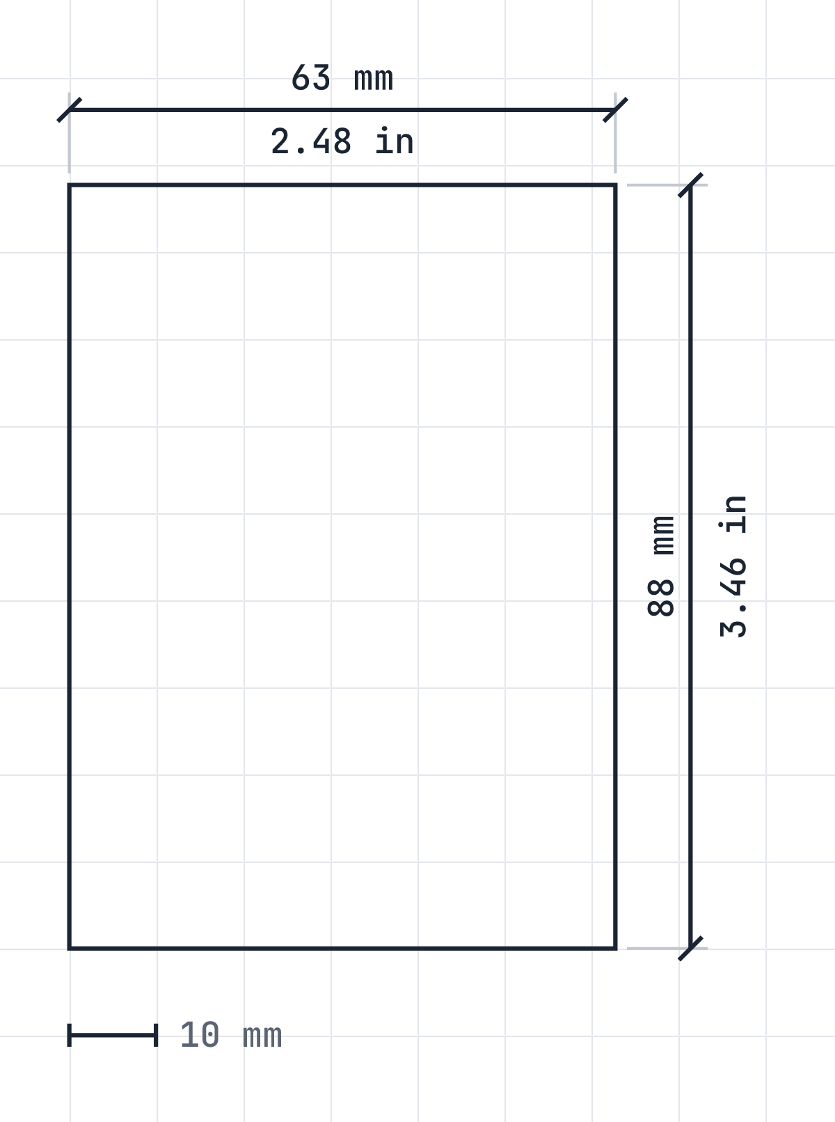 MTG size diagram: 63 by 88 mm, 2.48 by 3.46 inches, drawn to scale.