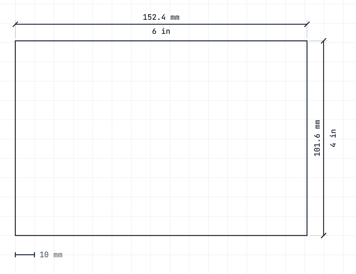 Postcard Vistaprint standard (4 by 6) size diagram: 152.4 by 101.6 mm, 6 by 4 inches, drawn to scale.