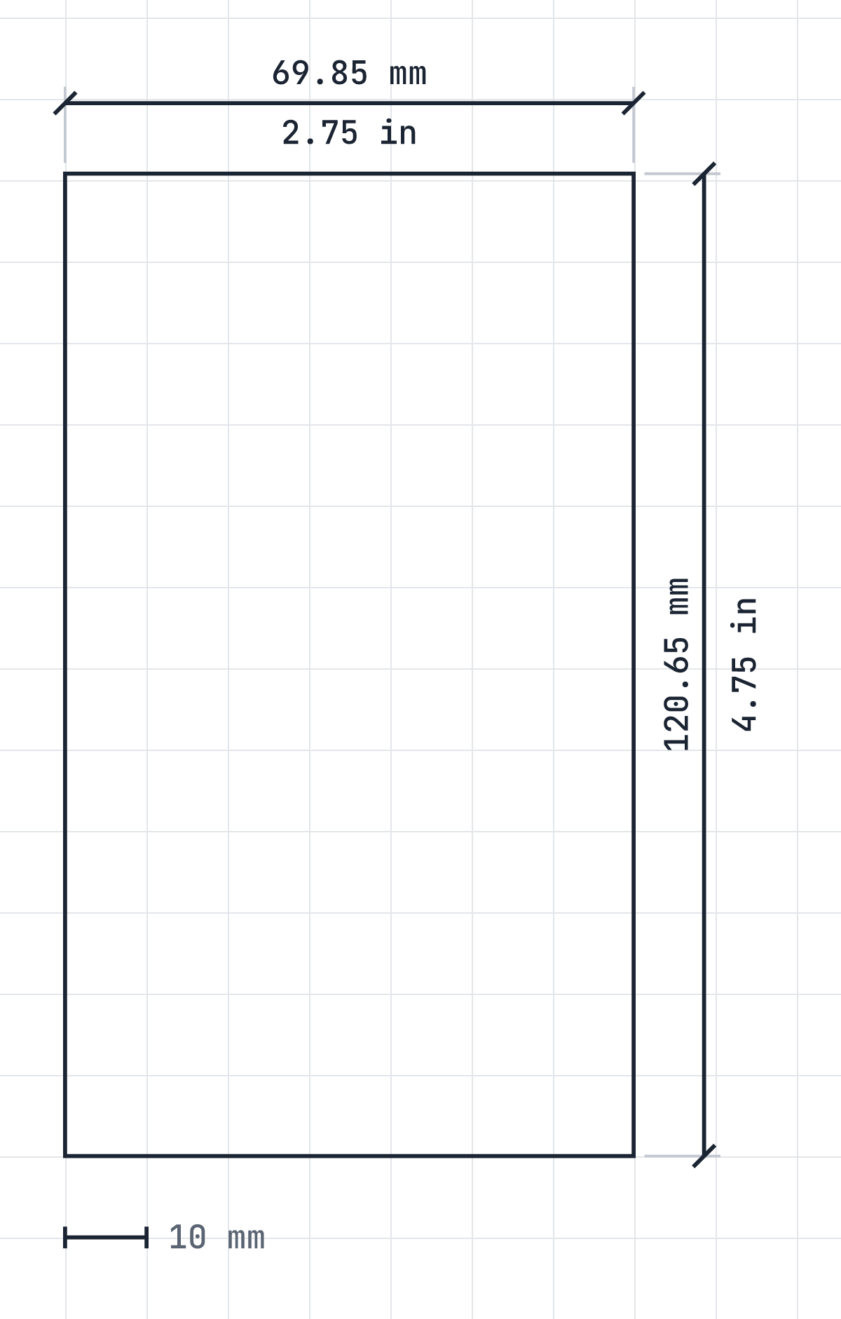 Tarot size diagram: 69.85 by 120.65 mm, 2.75 by 4.75 inches, drawn to scale.