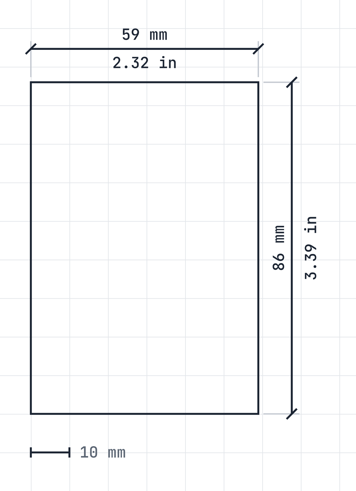 Yu-Gi-Oh size diagram: 59 by 86 mm, 2.32 by 3.39 inches, drawn to scale.